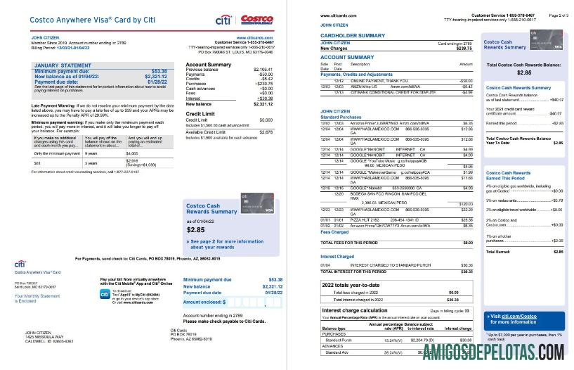 EUA Costco Anywhere Visa Card By Citi Bank Extrato de 4 páginas amostra